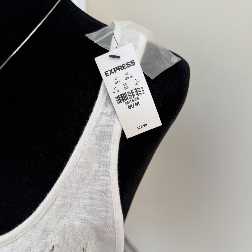Express Lace White Racerback Tank Top Womens (M) Beaded Trim Floral Cotton Y2K - Picture 3 of 4